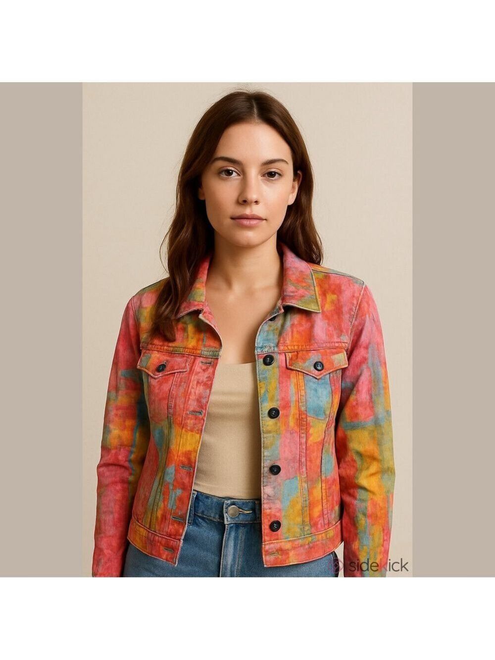 Vintage Chico’s Tie Dye Abstract Art Denim Jacket Jean teacher cottagecore